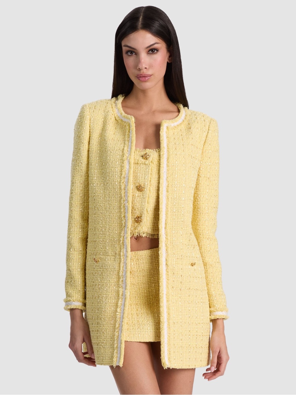 Alice + Olivia Kidman Long Jacket – Butter Yellow | Tweed | size M